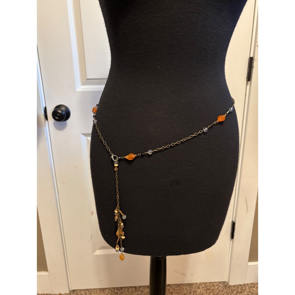 Boho Brass Chain Multi-Way Lariat Necklace/ Waist Belt with natural color Beads
